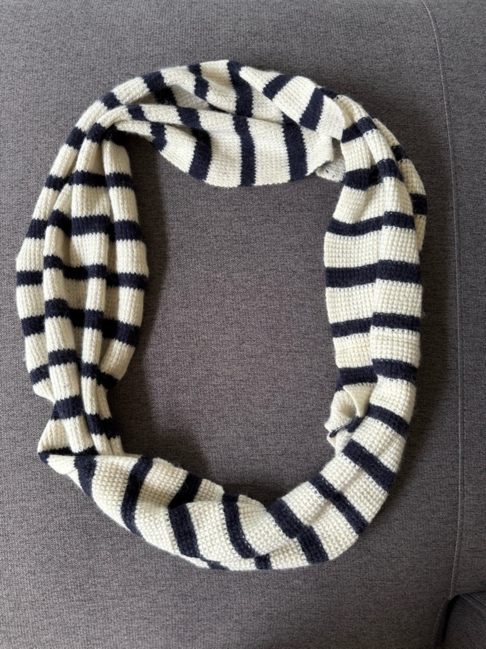 J Crew Infinity Scarf Wrap Stripe Knit Wool Blend Navy Blue Cream
